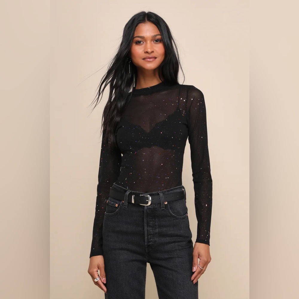 Lulus Strike An Attitude Black Mesh Multi Embellished Mesh Bodysuit M
